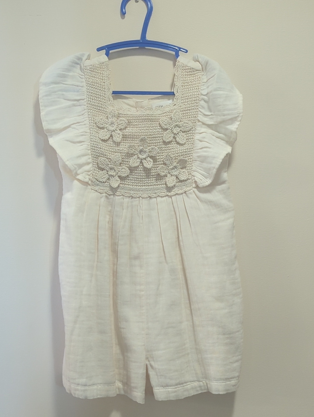 Zara Girls' Cream Flutter Romper with Crochet Floral Yoke